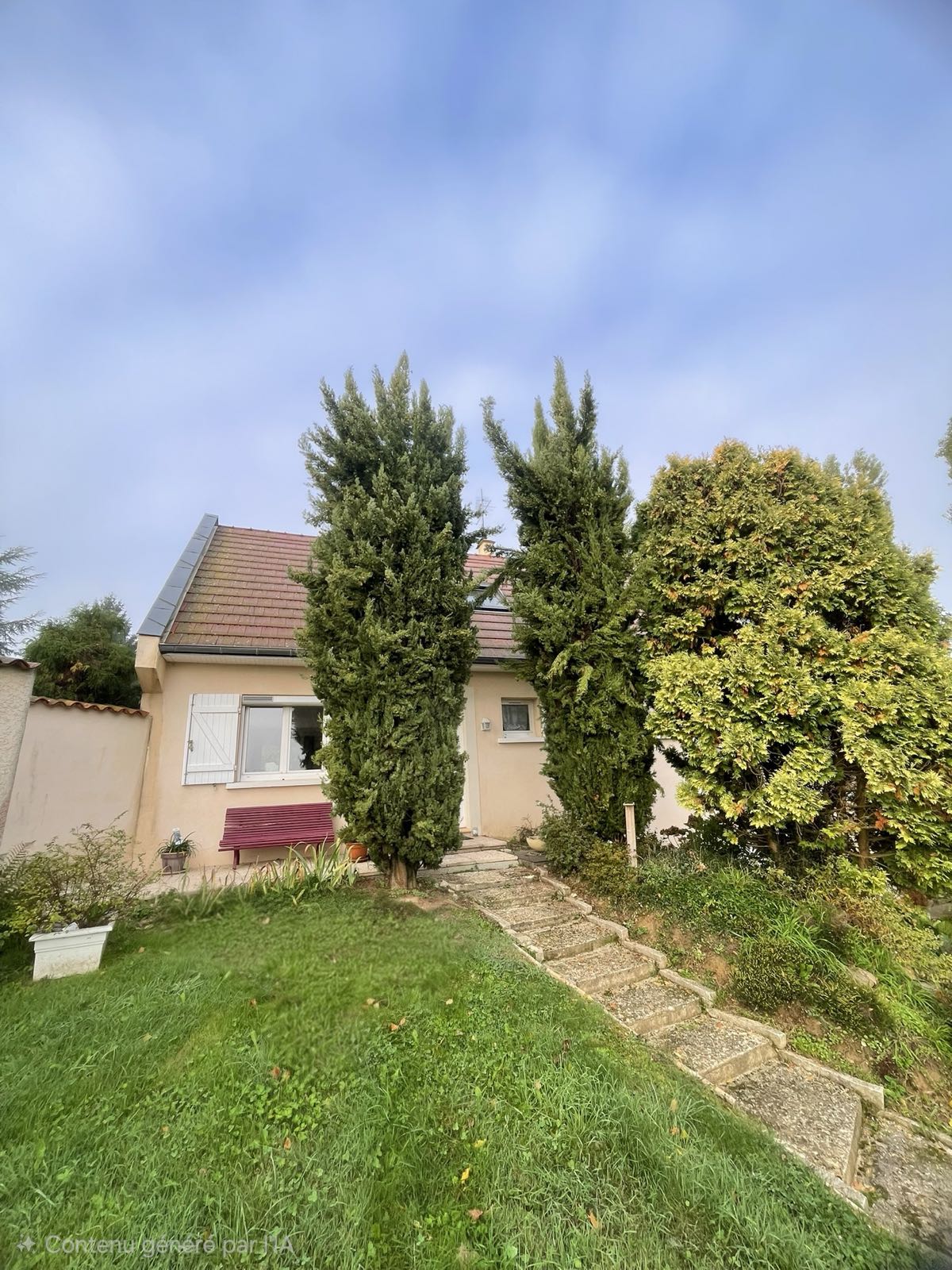 Taille de deux cyprès devant une maison, avant et après l'intervention — avant